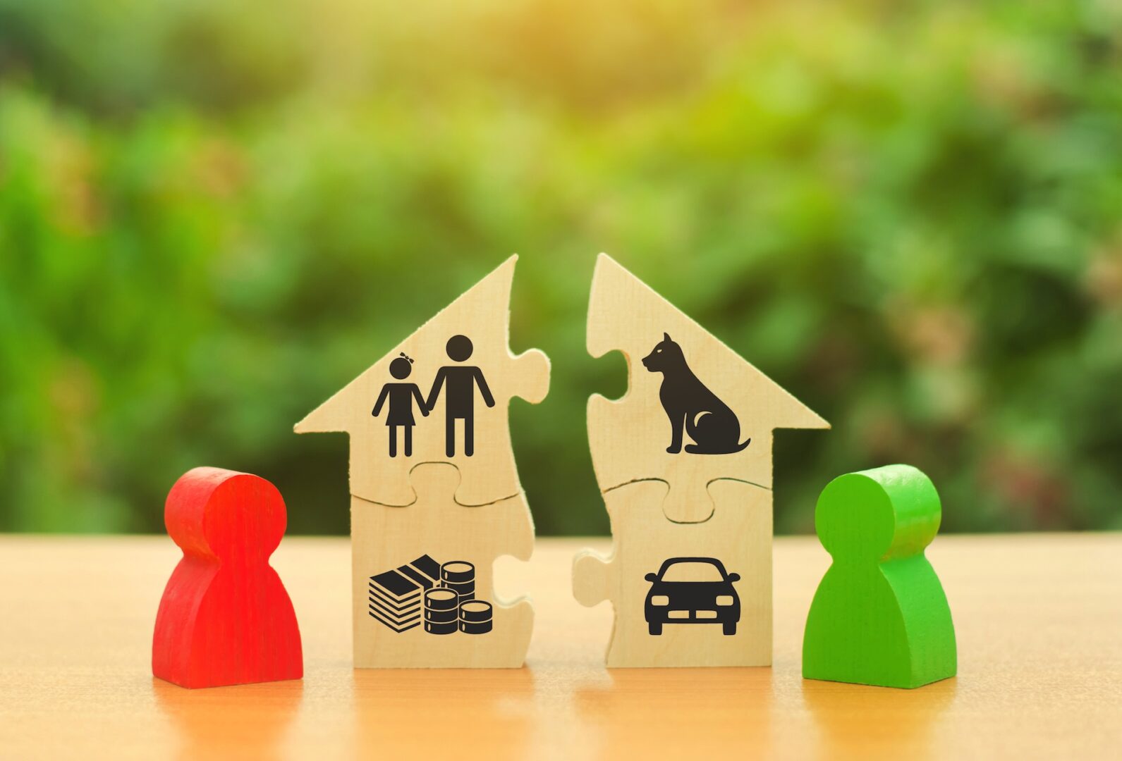 Two puzzle pieces form house shapes with symbols for family, money, car, and pet. A red figure stands by one house and a green figure by the other. The background is blurred greenery.